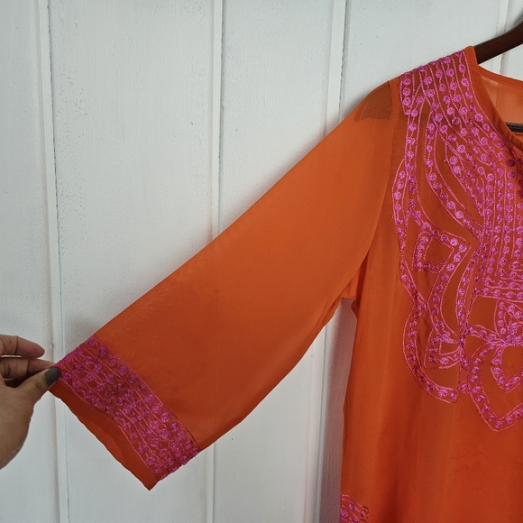Gretchen Scott XS Orange Pink Sheer Oversized Embroidered BohoTunic Top - Picture 5 of 14